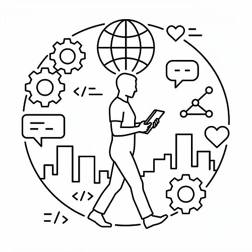 Grafik mit Mensch im Mittelpunkt im Kreis diverse digitale Symbole angeordnet