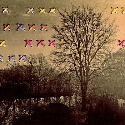 Foto mit Kreuzstichen bestickt. Ein Beispielmotiv für den Workshop Paper Stiching im Kreativ-Haus